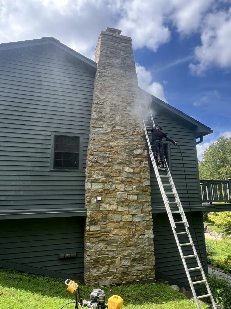 Chimney cleaning and water repellent application during masonry restoration - waterproofing service in Chicagoland