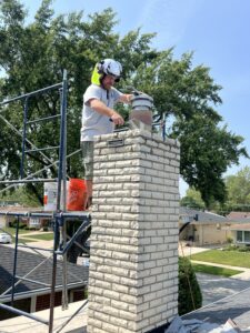 Full chimney rebuild underway - masonry reconstruction on a Chicagoland residential property