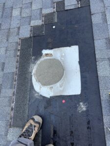 Chimney removal and roof shingle repair completed - roofline restoration in Chicagoland