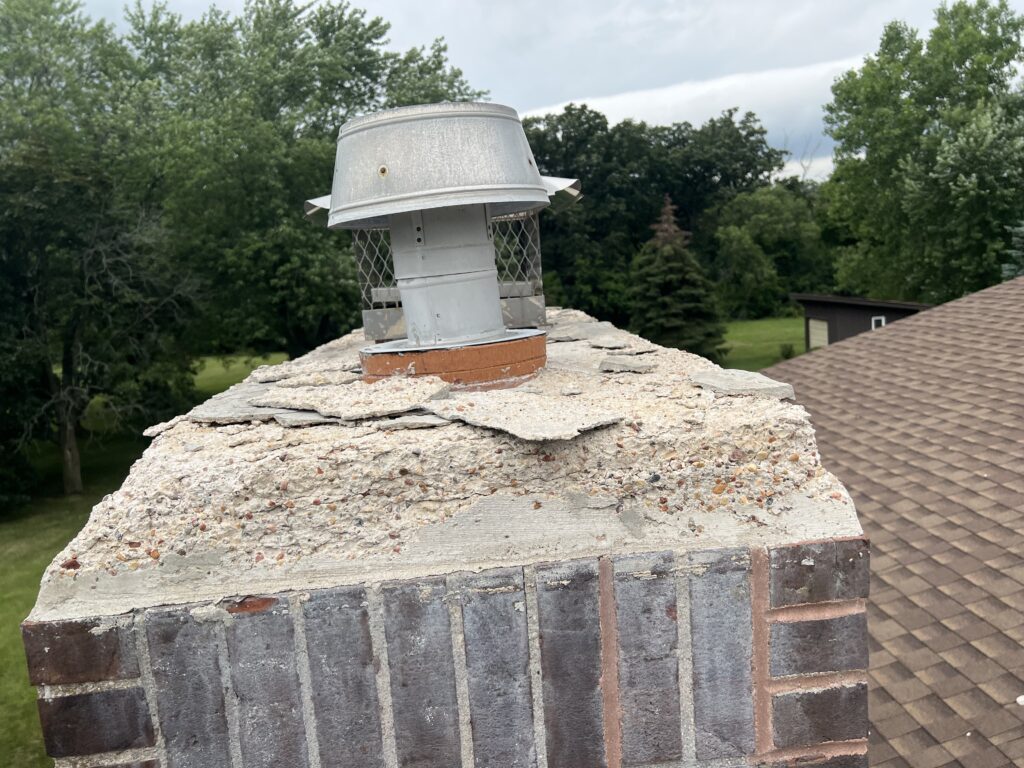 Severely deteriorated chimney crown - crown repair and rebuild needed on Chicago area home