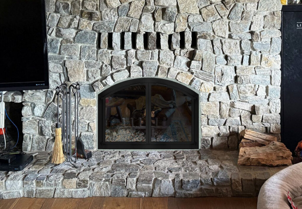 Custom glass doors on masonry wood-burning fireplace - fireplace door installation by Midwest Chimney Specialists